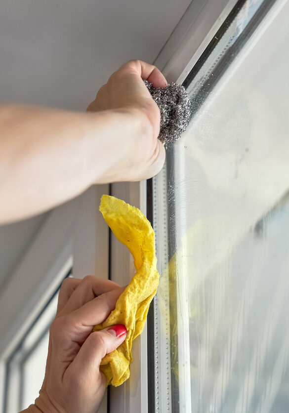 Woman washes a glass of white plastic window